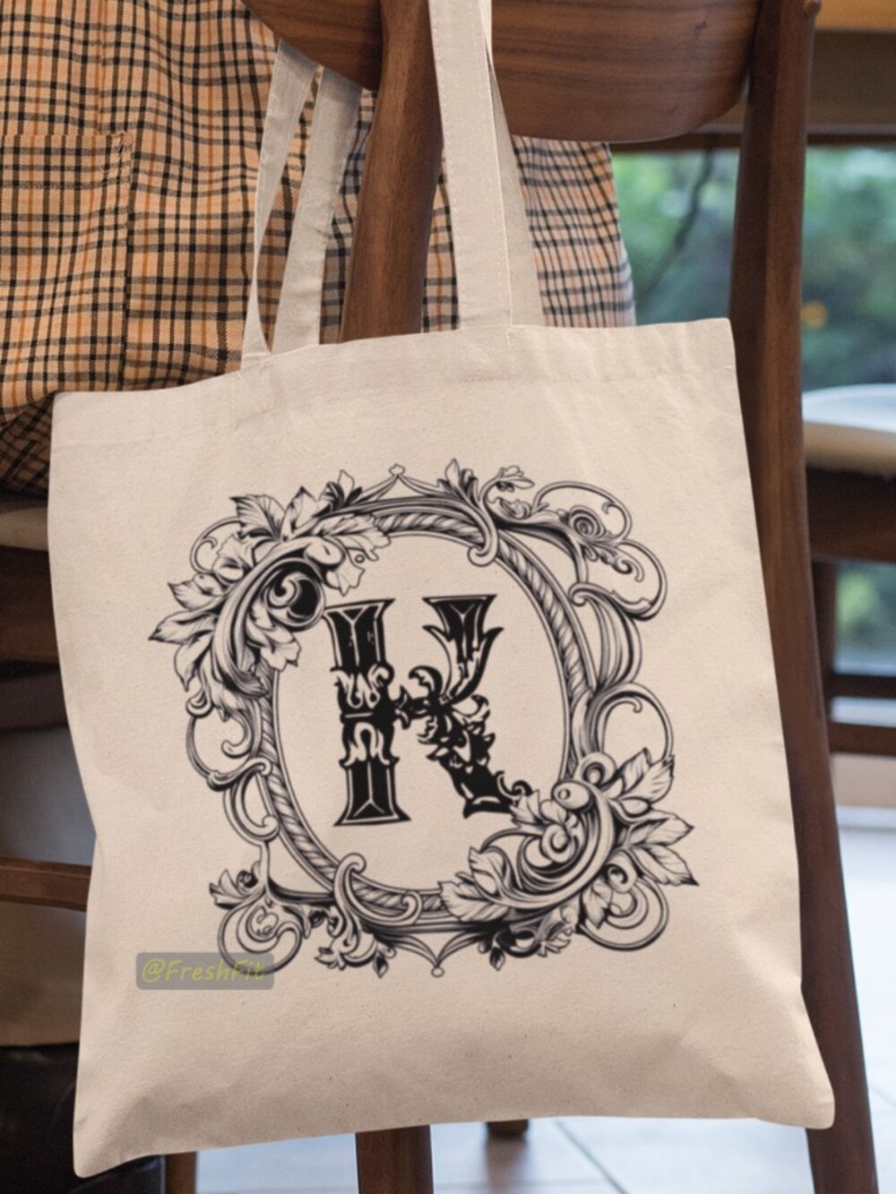 🆕Letter K Ornate Initial Natural Canvas Tote Bag